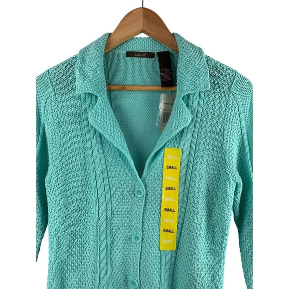 Heather B Womens Small Aqua Cable Knit Cardigan Sweater - Picture 3 of 5